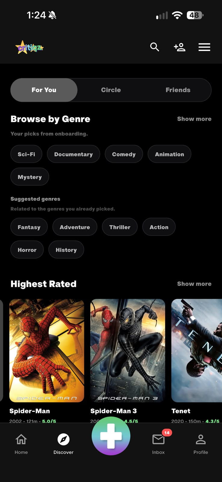 Critiqz app Discover screen showing genres and highest rated films
