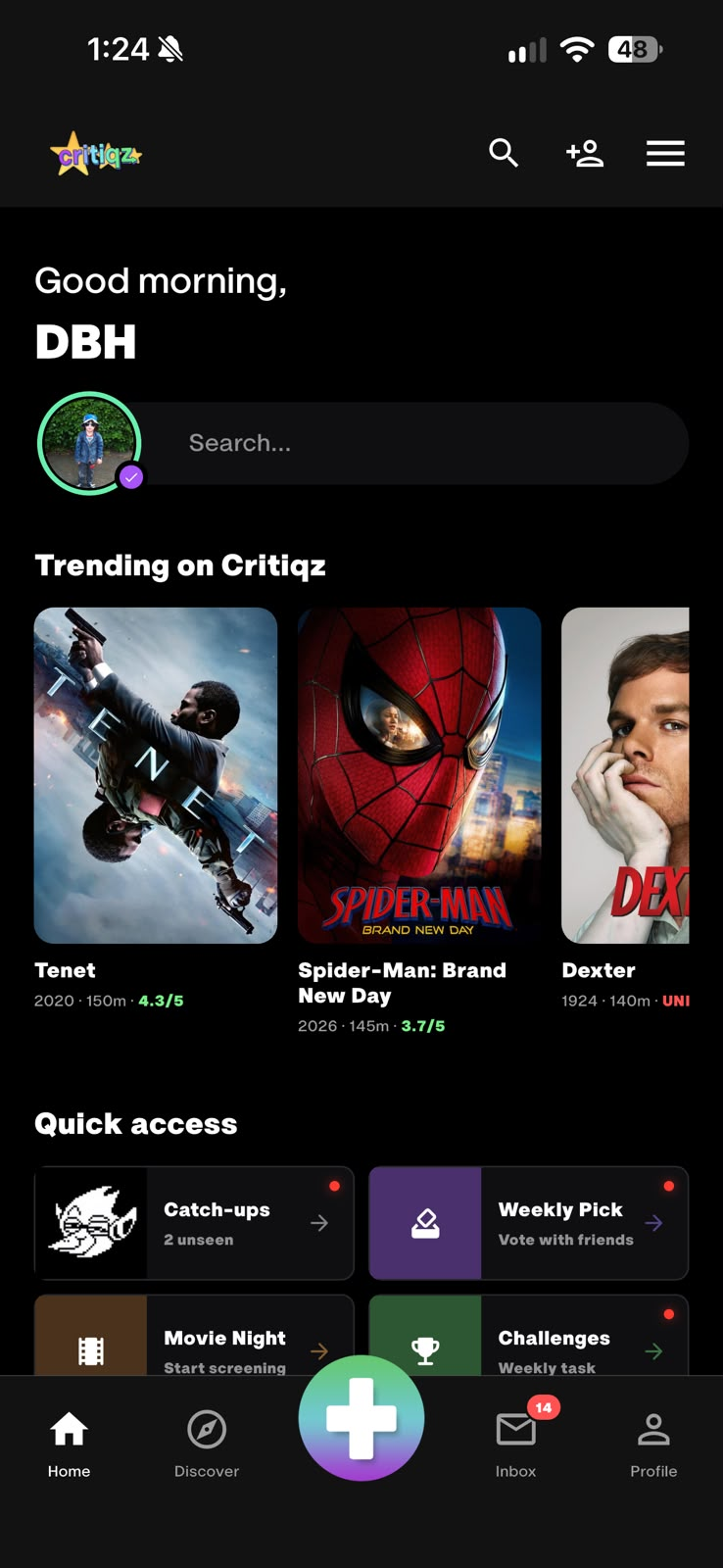 Critiqz app home screen showing Trending on Critiqz and quick access